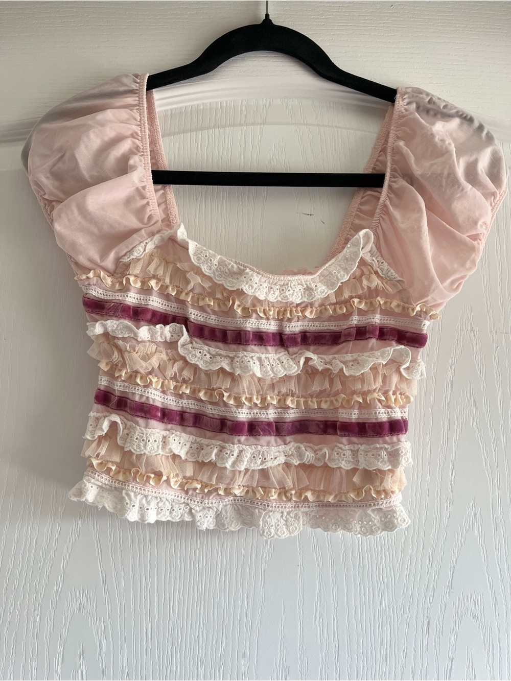 Kimchi Blue Liliana Ruffle Top Y2K Coquette Aesthetic Pink & Purple Velvet Trim